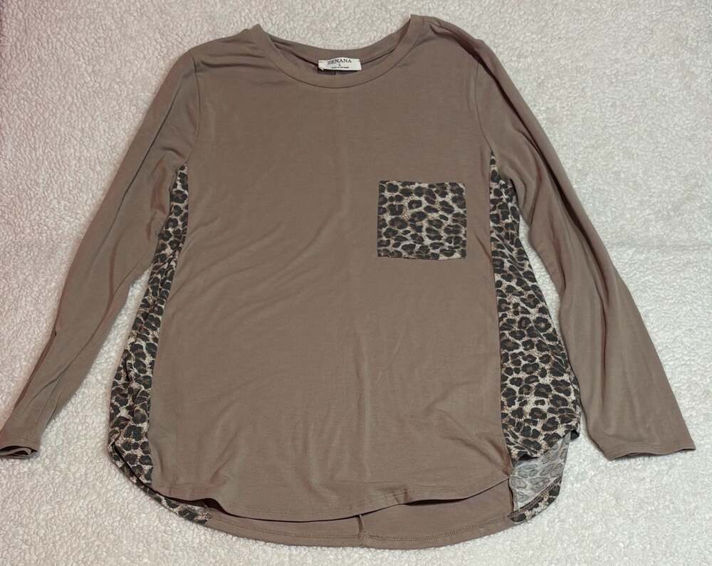 Zenana Long Sleeve Tunic Top with Leopard Print Side Panels and Pocket